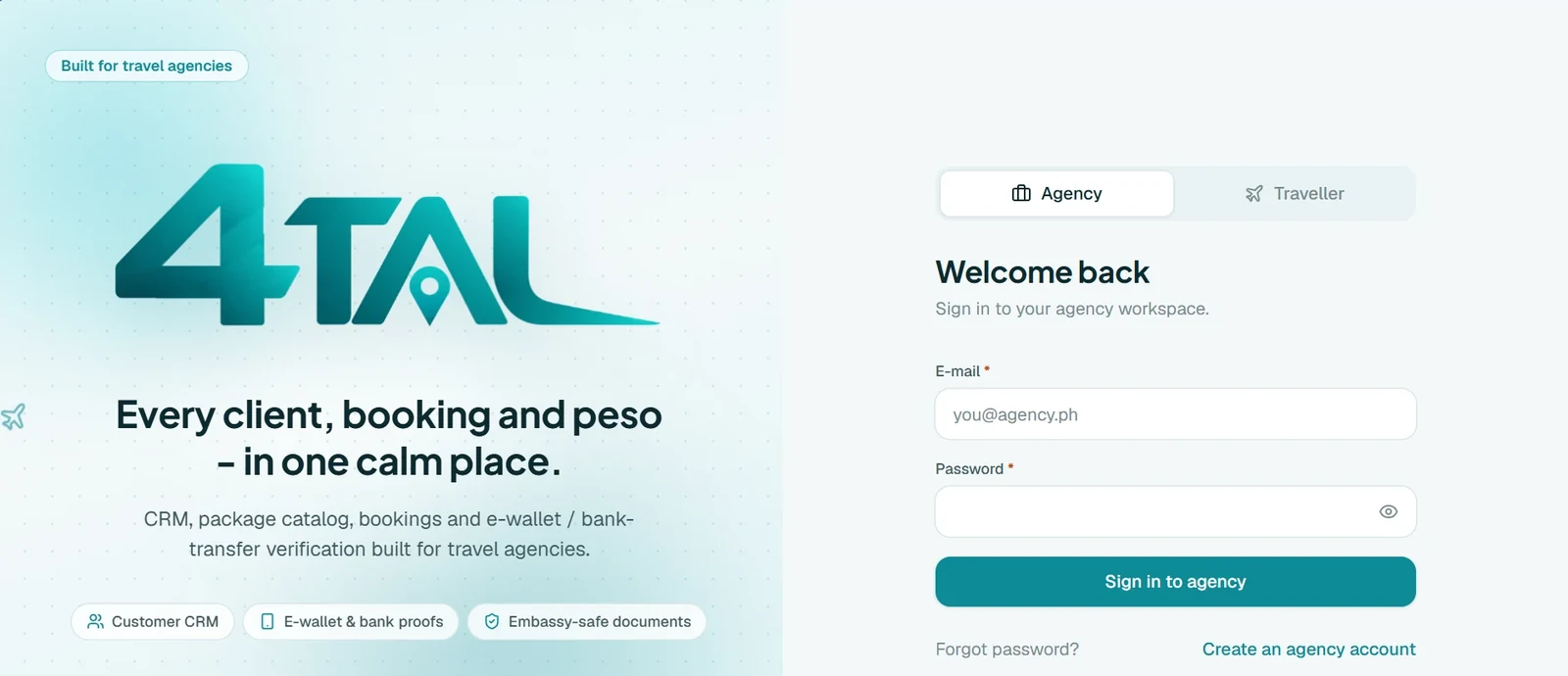 4TAL agency sign-in page: every client, booking and peso in one calm place